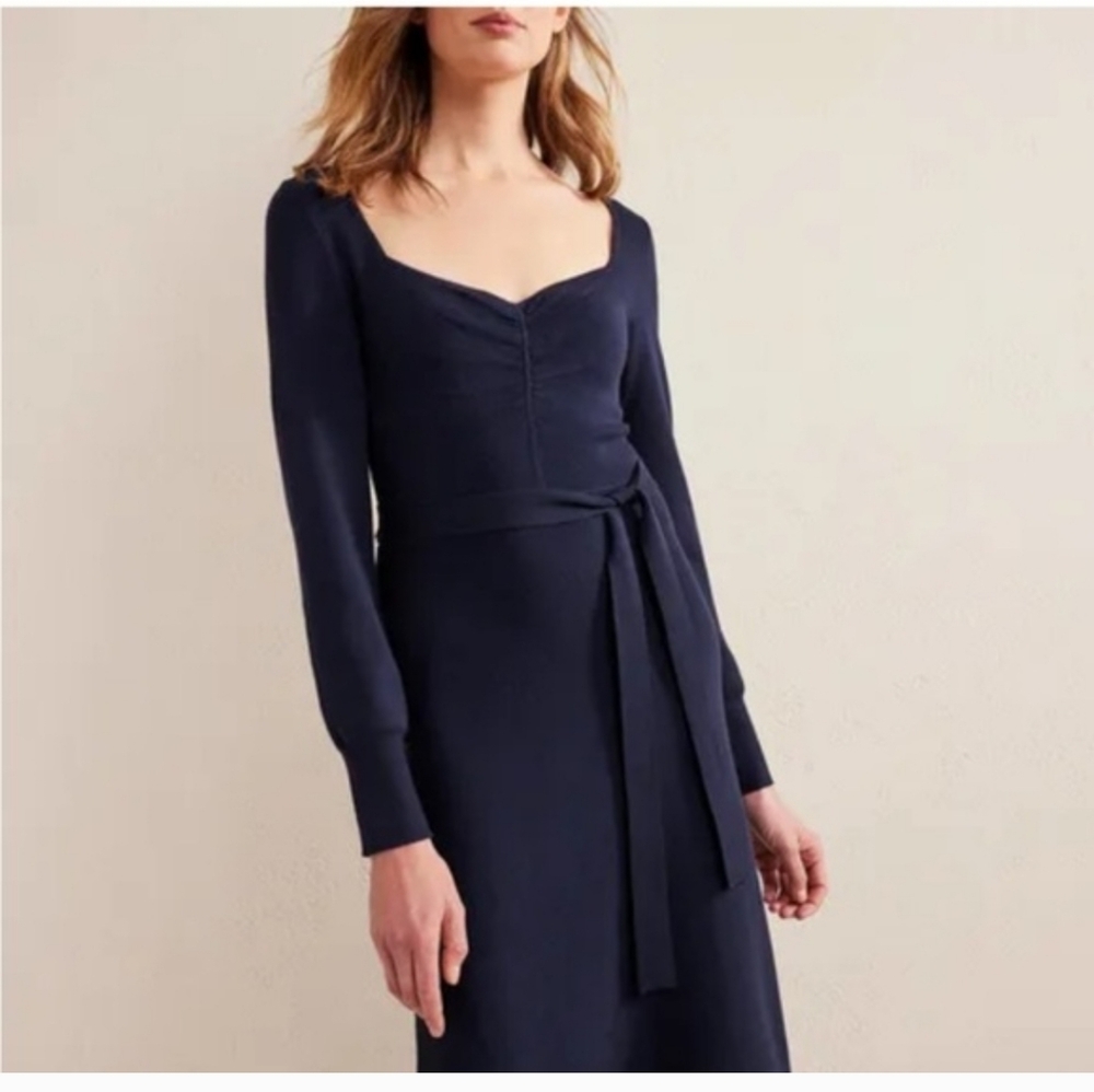 Boden Sweetheart Midnight Navy Blue Long Sleeve Midi Sweater Dress belted Sz 6R - Picture 2 of 10